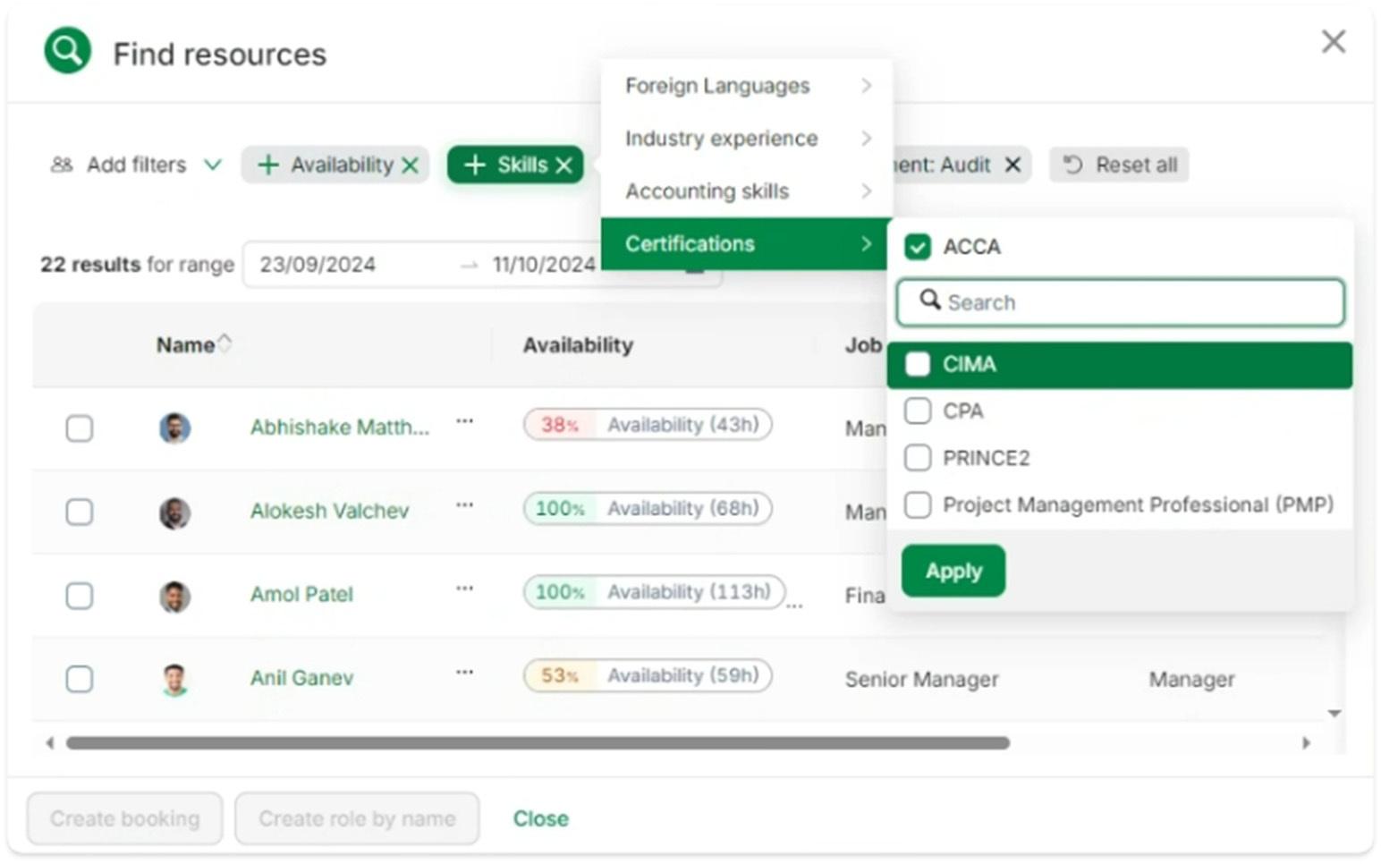 Example workforce visibility software to find people with the right skills